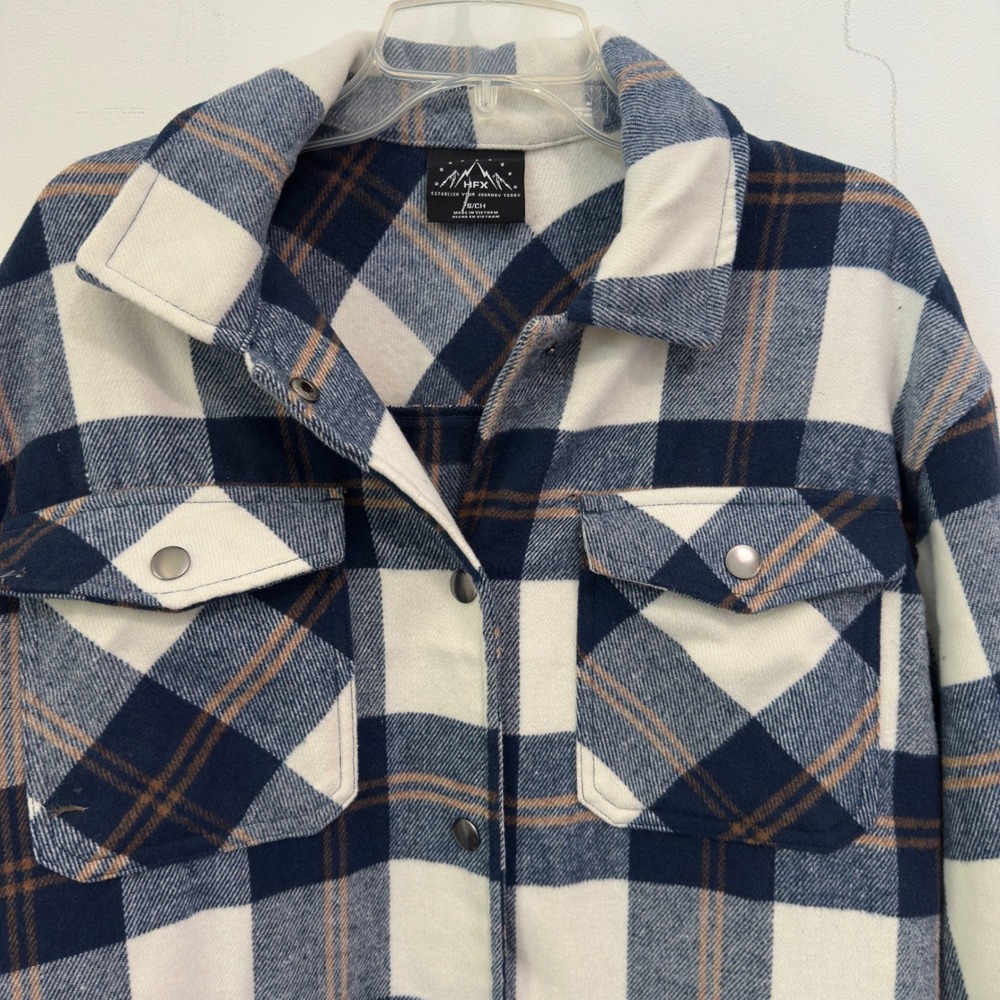 HFX Shacket Shirt Jacket Blue White Brown Plaid Wool Blend Small‎ Mens